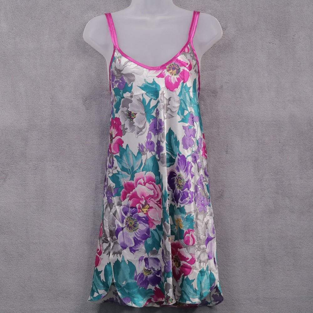 CALIFORNIA DYNASTY Vtg 90s Floral Satin Chemise Nightgown Sleepwear Pink Sz L